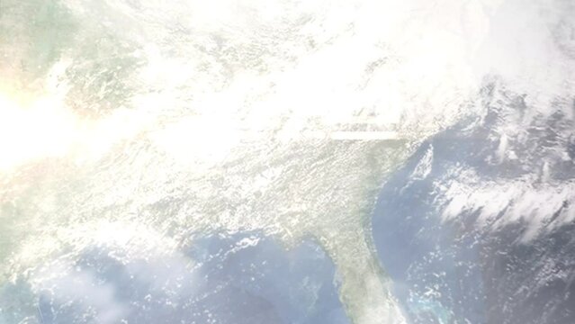 Earth zoom in from outer space to city. Zooming on LaGrange, Georgia, USA. The animation continues by zoom out through clouds and atmosphere into space. Images from NASA