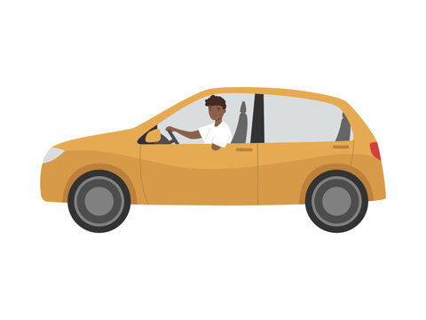 Young man with amputated hand driving a car. Handicapped person. Isolated vector illustration 