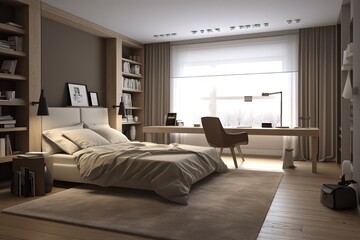 Naklejka na ściany i meble 3d render Nordic style bedroom | Luxurious bedroom in a neoclassical style | Master bedroom interior in luxury apartment | Modern bedroom interior with concrete walls, Generative AI