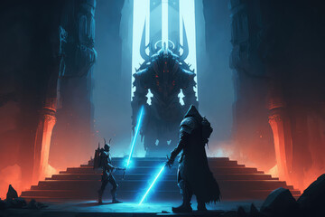 Fototapeta na wymiar Digital illustration painting design style a warrior holding a light saber against monster in futuristic building. (ai generated)