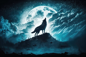 Digital illustration art painting a wolf howling in the wild, big fool moon and clouds is background. terrible, horror lonely, scary, creepy concept. (ai generated)