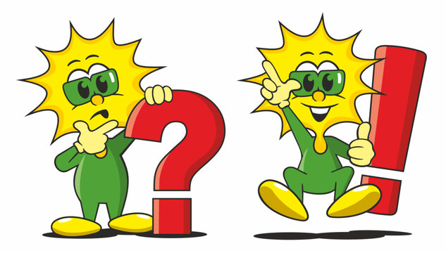 little cartoon sun figure demonstrates question and answer, problem and solution