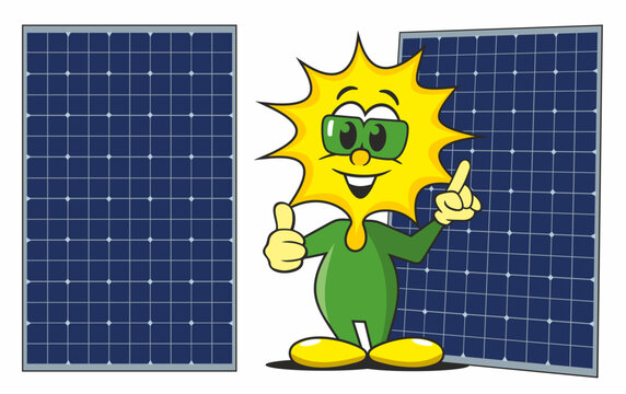 nice cartoon sun figure explains photovoltaic in front of cell panel