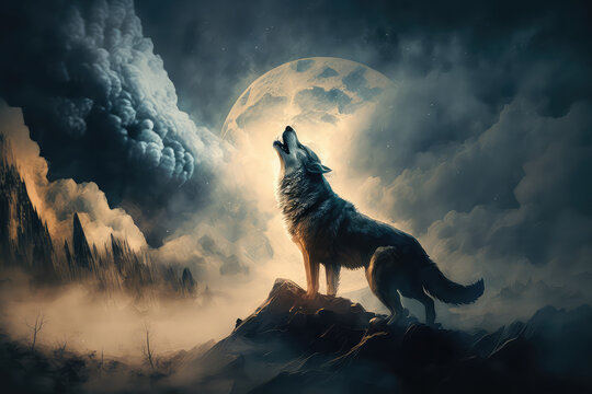 Digital illustration art painting a wolf howling in the wild, big fool moon and clouds is background. terrible, horror lonely, scary, creepy concept. (ai generated)