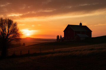 Red barn against sunset sky created wtih AI