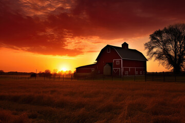 Red barn against sunset sky created wtih AI