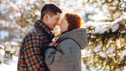 Romantic photo of a couple in love in a snowy sunny forest. Smiling young people lovingly look into each other's eyes while standing against the backdrop of a winter forest.