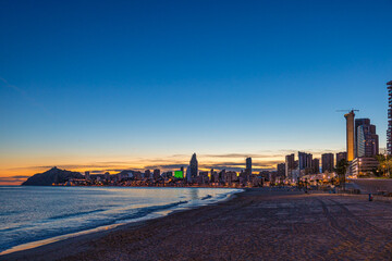 Benidorm beach skyline at sunset