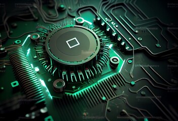 Fototapeta premium Gear wheel on circuit board - hi-tech engineering concept. Generative AI