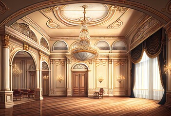 Luxurious classical ballroom as digital interior design illustration. Generative AI - obrazy, fototapety, plakaty