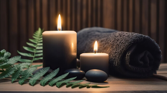 Gray towel, fern, candles and black hot stone on background of massage room in relaxed light. Based on Generative AI