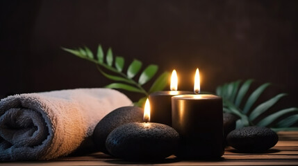 Gray towel, fern, candles and black hot stone on background of massage room in relaxed light. Based on Generative AI