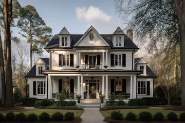 Fototapeta na wymiar Very beautiful luxury mansion. Exterior of a large white house, Generative AI