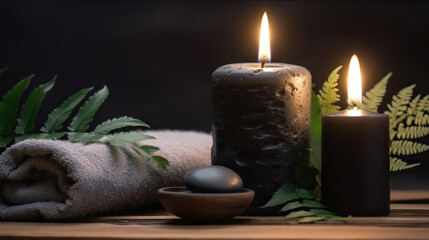 Obraz na płótnie Canvas Gray towel, fern, candles and black hot stone on background of massage room in relaxed light. Based on Generative AI