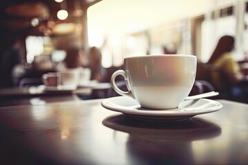 ceramic white coffee cup on a wooden table in a cozy cafe with blurred background and bokeh in the afternoon