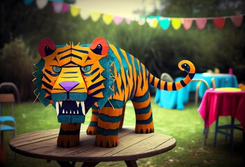 A piñata in the shape of a tiger, placed on a wooden table with a blurred background of a garden, waiting to be hit with a stick by children at a birthday party. Generative AI