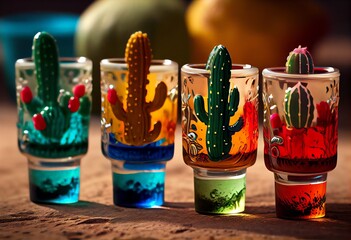 A set of colorful shot glasses with a cactus design. Cinco de Mayo. Generative AI