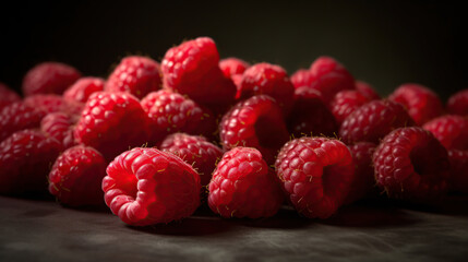 Background of fresh sweet red raspberries arranged together representing concept of healthy diet. generative Ai