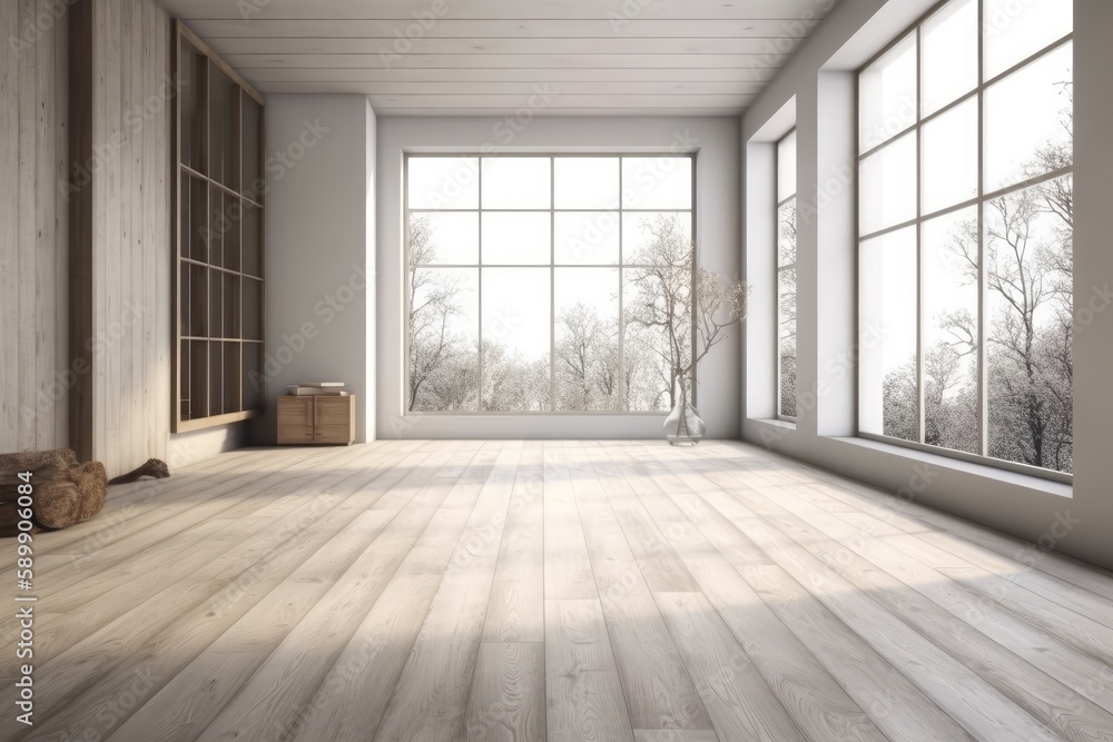 Poster an empty room with large windows and a wooden floor. generative ai