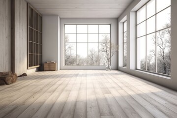 an empty room with large windows and a wooden floor. Generative AI