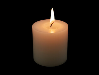 Short white candle burning on black background.