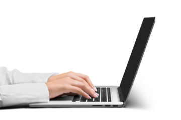 Hands of woman typing on laptop isolated on white