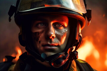 A firefighter who saves the forest from an uncontrolled wildfire.Generative AI illustration. Close-up portrait.