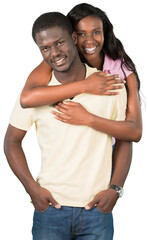 Portrait of young african couple embracing, isolated on white