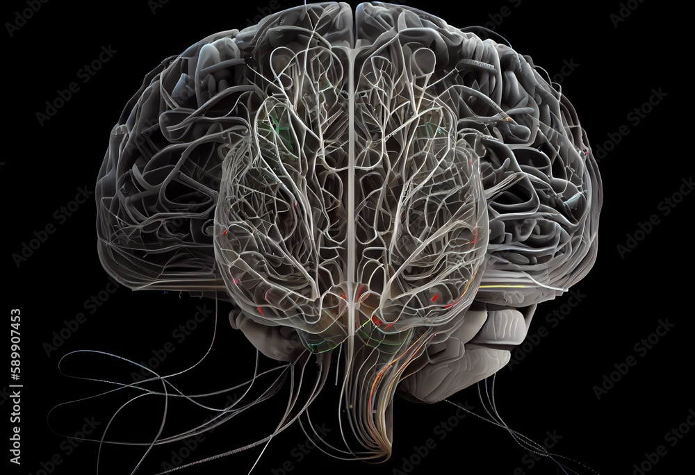 Poster the next stage toward artificial intelligence is represented by a wired brain. generative ai