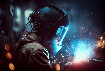 Welder welding metal for industry theme with bokeh and sparkle background. Generative AI - obrazy, fototapety, plakaty