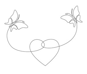 Continuous one line drawing of lovely butterfly couple. Beautiful butterfly flying shapped love line art vector illustration. Editable stroke.
