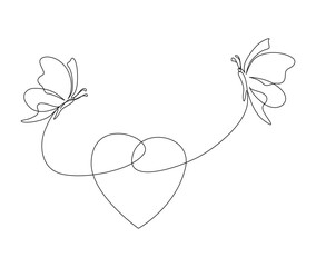 Continuous one line drawing of lovely butterfly couple. Beautiful butterfly flying shapped love line art vector illustration. Editable stroke.