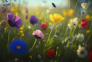Wildflowers in bloom on a meadow during springtime. Generative AI