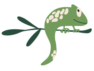 Cartoon chameleon. Hand draw wild green lizard sits on a branch. Perfect for kids, prints and posters. Flat hand draw illustration isolated on the white background.