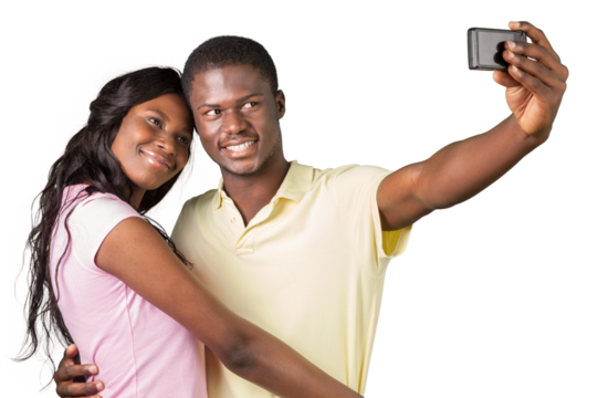 Portrait of young african couple taking selfie on smartphone, isolated on white - Powered by Adobe