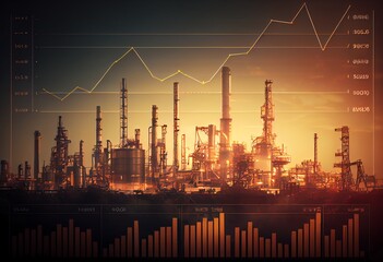 Petrochemical facility industrial background with oil refinery pricing graph in daylight. Generative AI