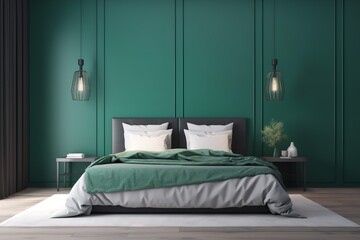 A modern house in the background, with a cosy green bedroom with white furnishings and natural wooden tables | Stylish interior of bedroom | bedroom interior mock-up, Generative AI