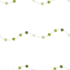 Cute seamless pattern with carnival stars garlands. For the design of the children's room, wallpaper, textiles, fabric. In green tones. Wrapping paper.