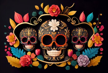 Fototapeta na wymiar Dia De Los Muertos Background Day Of The Dead Art Decoration, Bones Skull Flower Ornament Holiday Wallpaper,. Generative AI