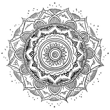 Simple black floral orient mandala on white background, hand drawn style