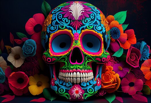 Dia De Los Muertos Sugar Skull Bright Colors Photo Wallpaper Background Illustration. Generative AI