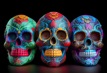 Three Colorful Sugar Skulls For The Day Of The Dead. Generative AI