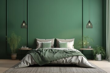 A modern house in the background, with a cosy green bedroom with white furnishings and natural wooden tables | Stylish interior of bedroom | bedroom interior mock-up, Generative AI