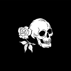 A skull and a flower are shown on a black background.
