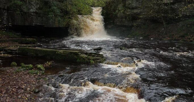 Slow motion shot of waterfall in Yorkshire Dales