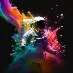 Obraz na płótnie Canvas Astronaut with rainbow paint explosion behind him, colorfull astronaut in space. Created using generative AI.