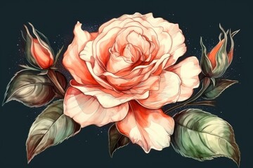 beautiful pink rose with fresh green leaves. Generative AI