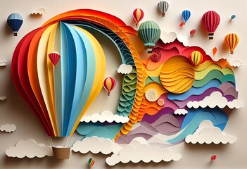 Creative paper art of sun, clouds and rainbow colored hot air balloons. Generative AI