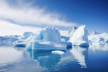 Mer calme dans l'Arctique ou Antarctique avec une multitude d'iceberg - obrazy, fototapety, plakaty