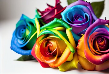 Obraz na płótnie Canvas Close up of rainbow-colored bouquet of roses on a white background to support the LGBTQI community. Generative AI